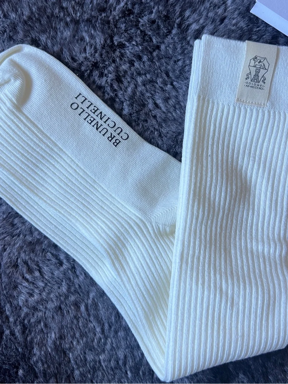 Brunello Cucinelli women’s White Ribbed Dress Socks high knee goft beige golf